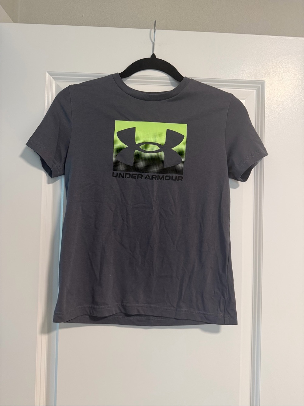 Under Armour Boys Gray Short Sleeve Tee with Neon Green Logo Square